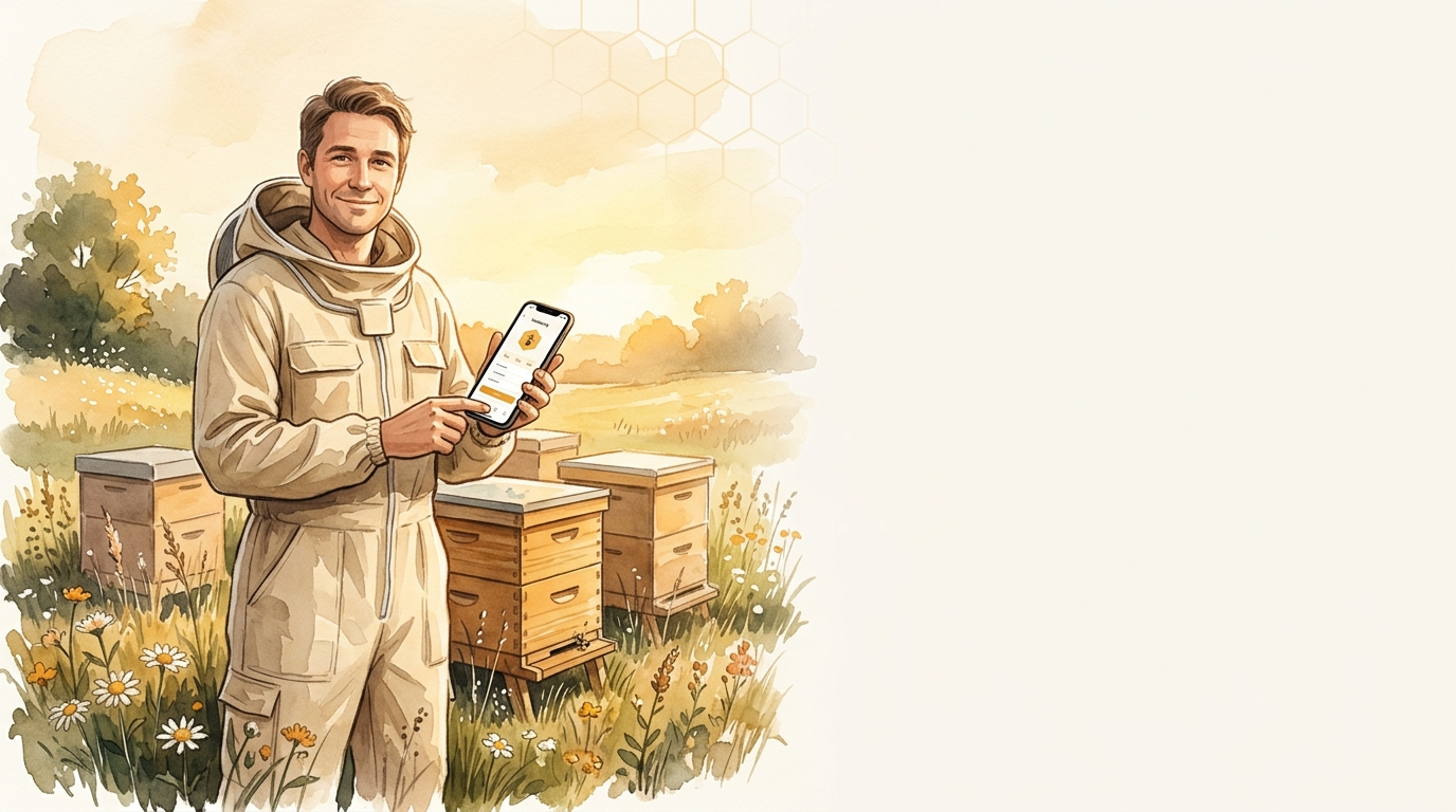 Imker mit BeeButler-App vor seinen Bienenstöcken